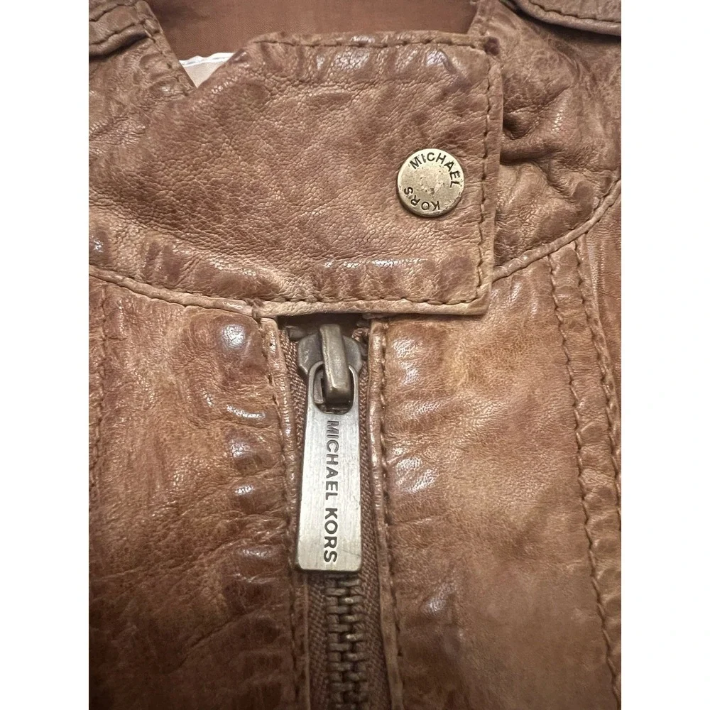 MICHAEL KORS Leather Moto Jacket Cafe Racer Zipped Sleeve Pocket Cognac Brown Lg
